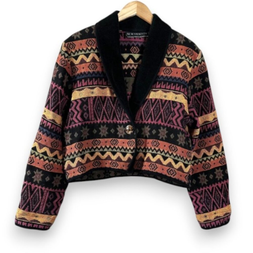 VTG Black Tan Tapestry Southwestern Crop Length Front Button Collared Jacket